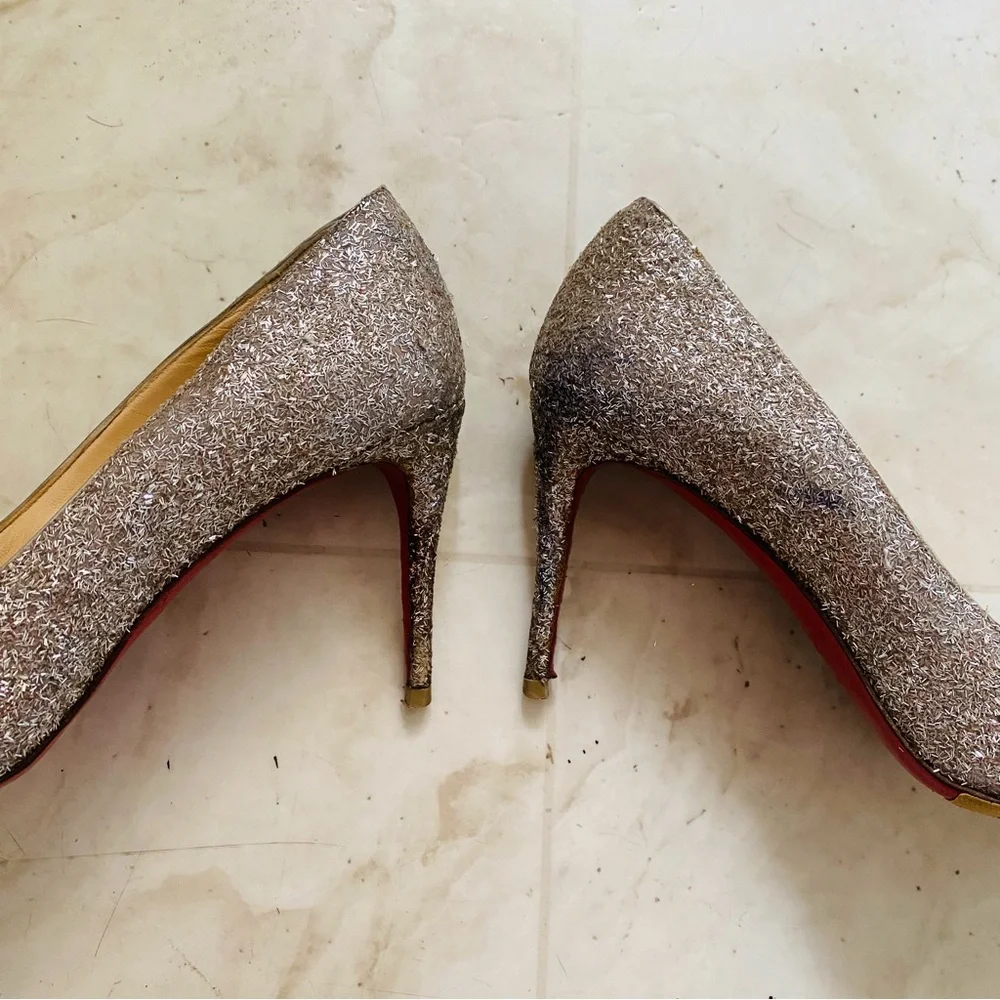 Christian Louboutin Silver Glitter Gold Spikes Pointed Toe Pumps Heels 7.5/37.5